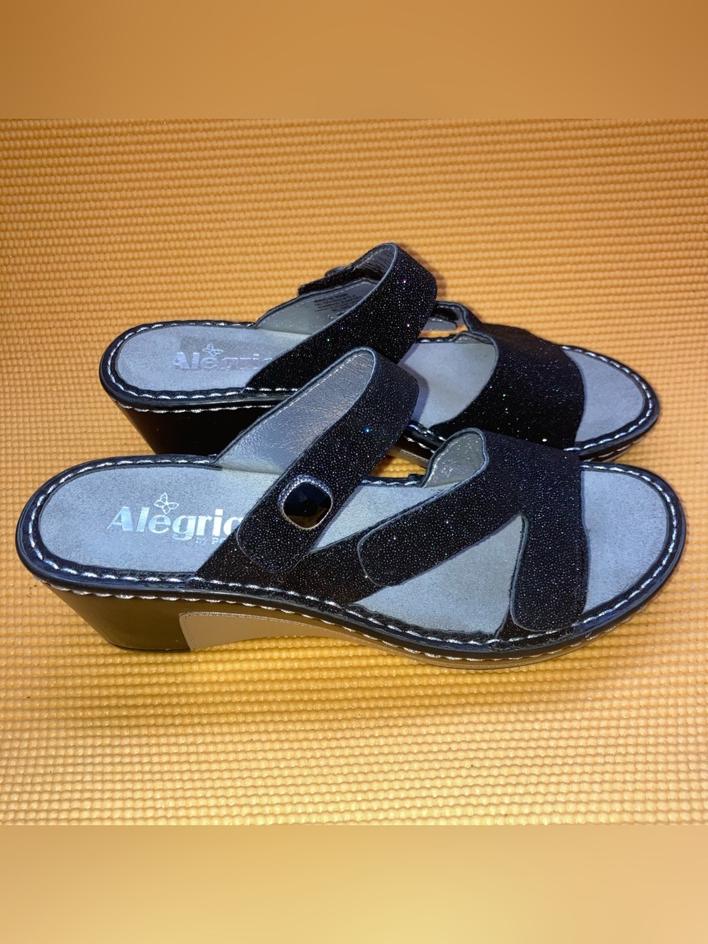 Alegria Black W/ Multi Color Sparkles  Slip-On Wedge Clogs Size 38 ( US 8 )